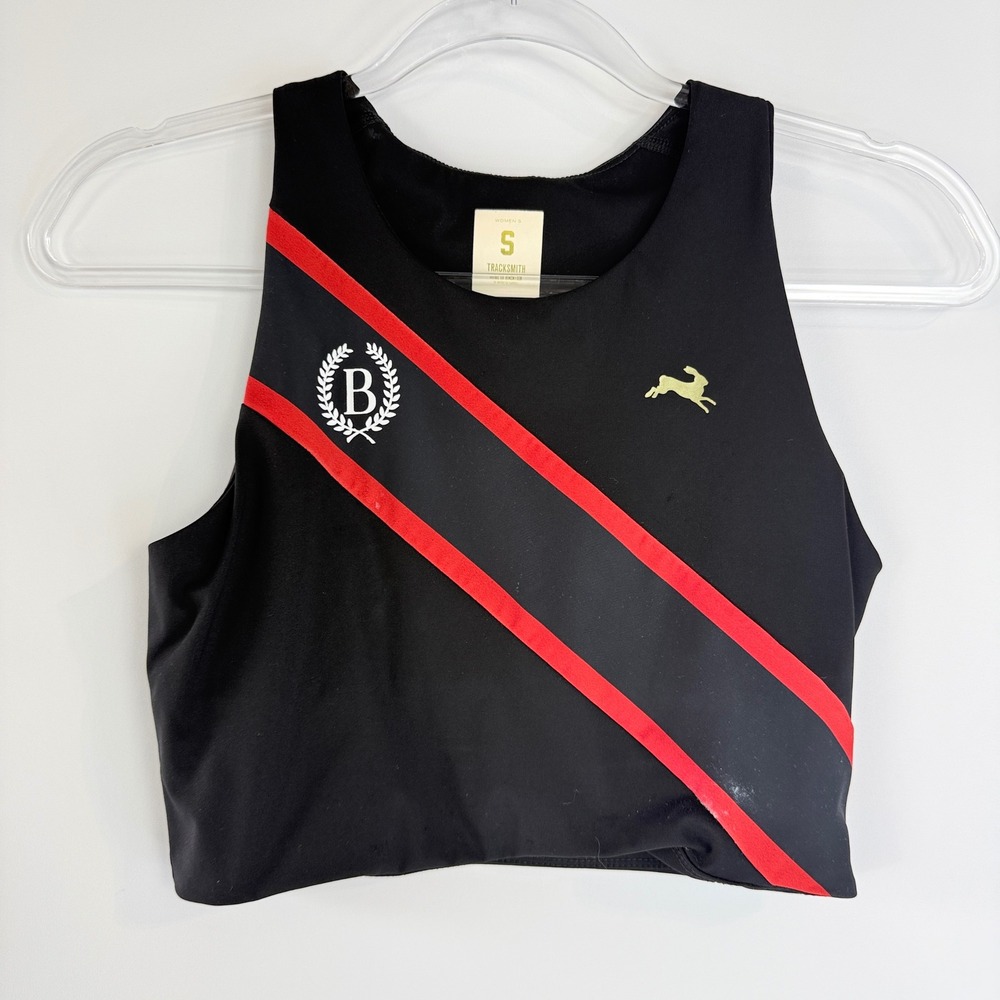 Tracksmith Running Crop Top Women S Black Red Sash BKTC Graphic Racerback